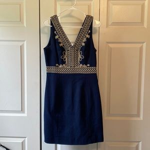 Lilly navy shift dress with gold stitching detail